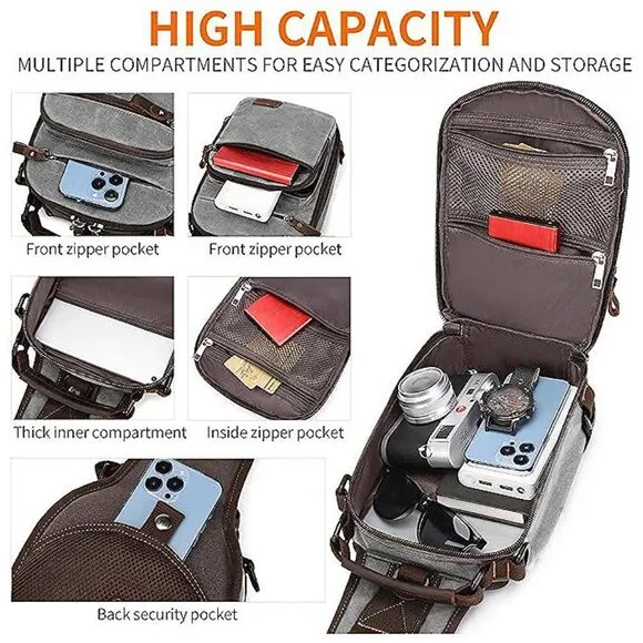 Sling Bag for Men Waxed Canvas Crossbody Bag Chest Bag Water Light Gray